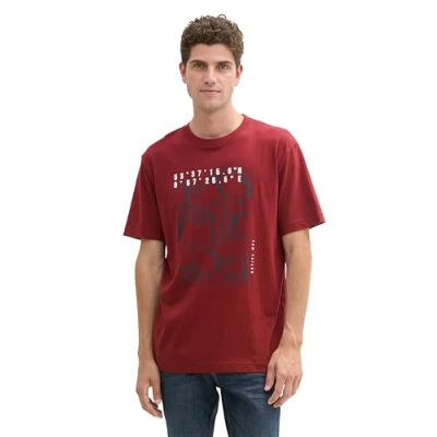 Abbildung von TOM TAILOR Herren Basic T Shirt mit Logo Stickerei,13721 Burgundy Dark red, XXL