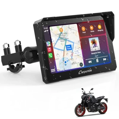 Abbildung von Carpuride W702 Motorrad GPS CarPlay Bildschirm, Kabelloses und Android Auto, Tragbarer 7 Zoll Wasserdichter Touchscreen, Dual Bluetooth, Navigation, Siri.
