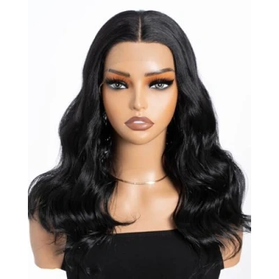 Abbildung von Style Icon Perücke mit Filmansatz 44cm Lace Front Wigs Curly Wellige Perücken für Frauen Mittelscheitel Kunstfaser synthetische Faser 130% Dichte (Schwarz)