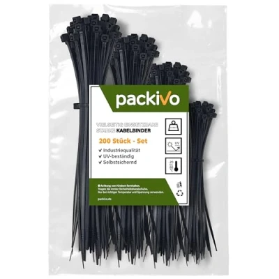 Abbildung von 200 Stück Kabelbinder Schwarz Set 100/150/200/300 mm jeweils 50 Stück, Sortiment Nylon Verschiedene Größen Super Haltbar für Kabelmanagement,Gartenarbeit,Wohnen,Werkstätten, Auto