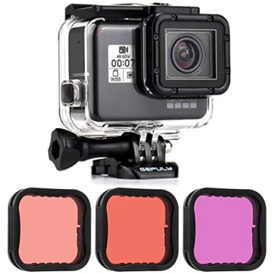 Abbildung von GEPULY Wasserdichtes Gehäuse mit Tauchfilter, super geeignet für GoPro Hero 7/6/5 Black, (2018) Kamera 45 m Unterwasserfotografie roten, hellroten (Schnorchel) und Magenta Filtern