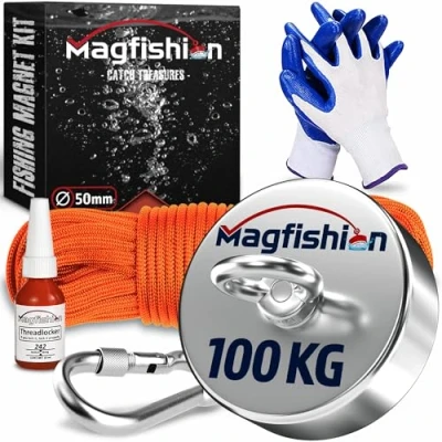 Abbildung von MAGFISHION Magnetfischen Set 100 KG Ø50mm Neodym Magnet mit Seil (20M) &amp; Handschuhe Fischen Angel Ösenmagnet Fishing Magnetangel Magnetangeln