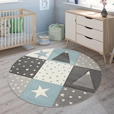 Abbildung von Paco Home Kinderteppich &quot;Cosmo 340&quot;, rund, Kurzflor, Pastell Farben, 3D Effekt, Motiv Berge, Punkte &amp; Sterne