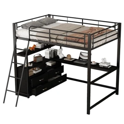 Abbildung von SOFTWEARY Hochbett mit Schreibtisch, Lattenrost, Leiter, Regal, Schubladen und Rausfallschutz, Metallbett, Jugendbett (schwarz, 140x200 cm)
