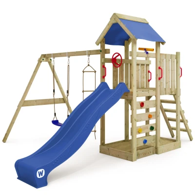 Abbildung von Spielturm Klettergerüst MultiFlyer mit Schaukel &amp; blauer Rutsche WICKEY
