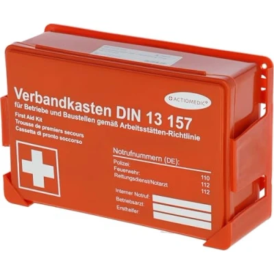 Abbildung von ACTIOMEDIC Mini Verbandkasten für Unternehmen, inkl. Wandhalterung stationären Gebrauch, DIN 13157:2021 I Mit visuelle Darstellung zur Ersten Hilfe orange, 26 x 8,5 18 cm