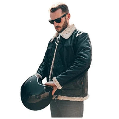 Abbildung von Texpeed Herren Lederjacke Echtleder Echter Warmer Winter Pelzmantel Schwarz Biker Motorrad RAF Flieger Flug Bomber B3 Pilotenjacke Entwurf Beige Pelz 4XL