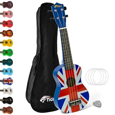 Abbildung von Tiger UKE10 UK Sopran Ukulele für Anfänger inklusive Gig Bag, Filzplektrum, ein Satz Ersatzseiten. Neu in 2020 ausgestattet mit Aquila Saiten, Union Jack