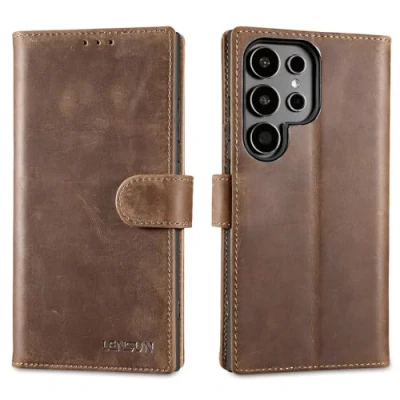 Abbildung von LENSUN Lederhülle für Samsung Galaxy S24 Ultra, Echtleder Hülle Klappbar [Kartenfach][RFID][Standfunktion] Handytasche Handyhülle Ultra 5G Vintage Dunkelbraun