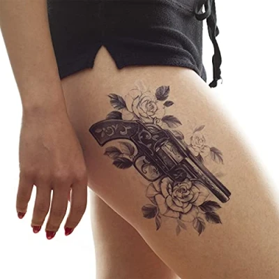 Abbildung von 2 x Revolver mit Rosen Tattoo schwarzes XL Body Temporary Fake HB391X (2)