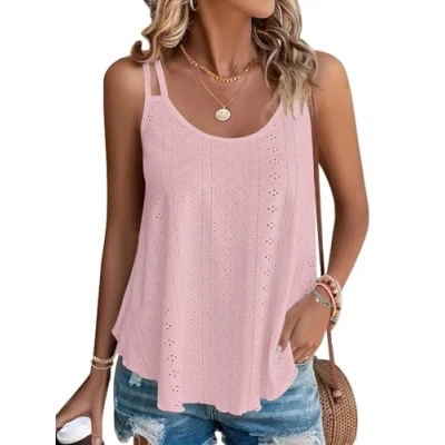Abbildung von WNEEDU Damen Tank Tops Sommer Spaghetti Cami Oberteile Ärmellose Rundhalsausschnitt Blusen Top Shirts Helles Rosa M