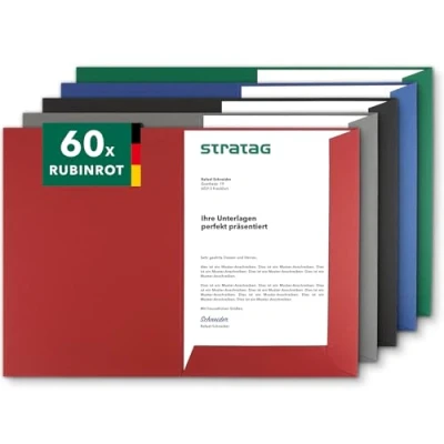 Abbildung von Präsentationsmappe A4 in Rubinrot (60 Stück) sehr stabiler 350 g/m² Naturkarton direkt vom Hersteller STRATAG vielseitig einsetzbar für Ihre Angebote, Exposés, Projekte oder Geschäftsberichte