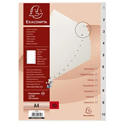 Abbildung von Exacompta 1710E Kunststoff Register 1 10 für DIN A4 aus recyceltem teilig volle Höhe 21 x 29,7 cm weiß mit bedruckten Taben Universallochung Blauer Engel Trennblätter Trennstreifen