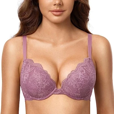 Abbildung von DOBREVA Damen Push Up BH Mit Spitze Gepolstert Plunge Bügel Vollschalen BHS Gemoldete Cups Orchideenrose 80D