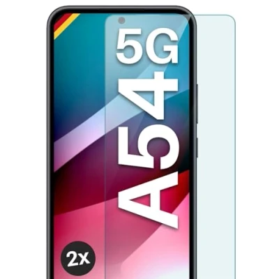 Abbildung von moex Panzer Schutz Glas für Samsung Galaxy A54 5G Schutzfolie robust und kratzfest, bruchsichere Panzerfolie Displayschutz, HD Klar Glass Screen Protector, 2x Stück