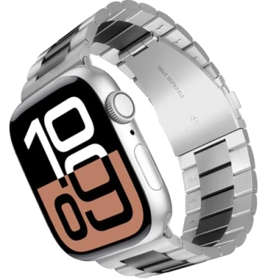 Abbildung von ARTCHE Armband kompatibel mit Apple Watch 46mm 49mm 45mm 44mm 42mm, Metall Ersatzband Edelstahl Bands für iWatch Series 10/Ultra 2/Ultra/SE/9/8/7/6/5/4/3/2/1 Silber &amp; Schwarz