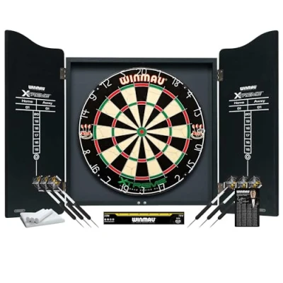 Abbildung von Winmau Dartscheibe Dartboard/Cabinet Set Xtreme inkl. Zub., (Spar Set, mit Dartboard und Cabinet), schwarzes Cabinet Holzmaserung