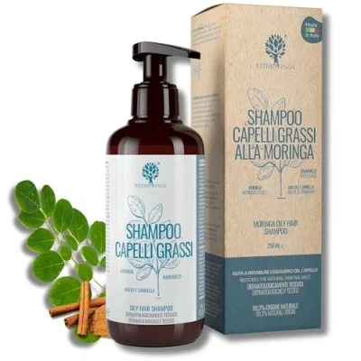 Abbildung von Talgregulierendes Bio Shampoo für fettiges Haar, stellt den pH Wert fettiger Haut wieder her, 99,5% natürlich, kein SLS, ASL mit Moringa, Malve, Zimt 250 ml