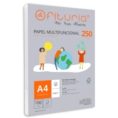 Abbildung von Packung mit 100 weißen DIN A4 Blättern, 250g Druckerpapier. Multifunktionales Kopierpapier für Schule und Büro. Ideal Laserdrucker, Tintenstrahldrucker oder Kopierer Ofituria