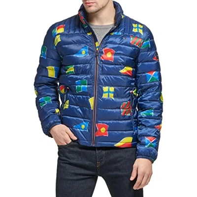 Abbildung von Tommy Hilfiger Herren Lightweight Down Alternative Packable Puffer Jacket Daunenalternativer Mantel, Marineblaue Flagge, L