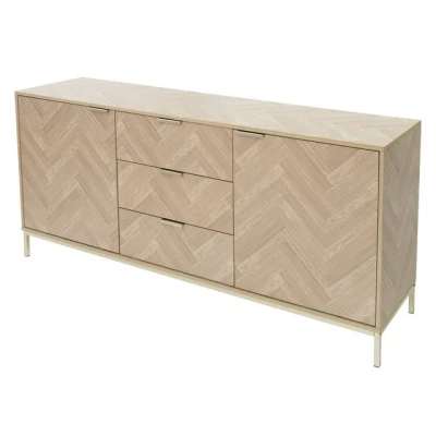 Abbildung von ML Design Sideboard 160x75,5x40 cm, Eiche Optik mit Fischgrätenmuster, Gold Metallgestell, Kommode 2 Türen und 3 Schubladen, Anrichte 5 Füßen, Aufbewahrungsschrank für Küche Wohnzimmer