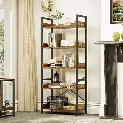 Abbildung von YITAHOME Bücherregal 5 Etagen, Bodenstehendes Bücherregal, Holzregal und stabiles Stahlrahmenregal mit 4 Haken Industrielles Lagerregal für Wohnzimmer, Heimbüro, Vintagebraun