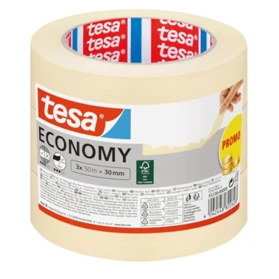 Abbildung von tesa Malerband ECONOMY Vielseitiges Klebeband für Malerarbeiten ohne Lösungsmittel Bis zu 4 Tage nach Gebrauch rückstandslos entfernbar, 3x 50 m x 30 mm