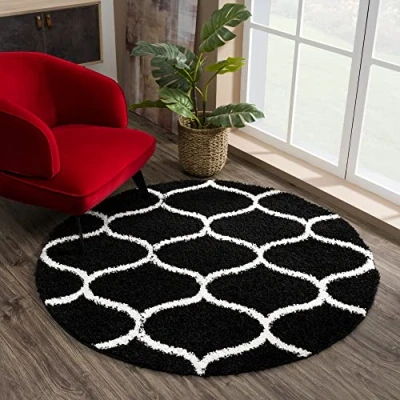 Abbildung von SANAT Madrid Shaggy Teppich Rund Hochflor Teppiche für Wohnzimmer, Schlafzimmer, Küche Schwarz, Größe: 80 cm