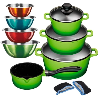 Abbildung von KING Topf Set &quot;ALUGUSS&quot;, Aluminiumguss, (Set, 13 tlg., je 1 Kochtopf 16/20/24 cm, 1x Stieltopf 16 4 Schüsseln, Grips), Glasdeckel,Induktion,Keramikantihaftbeschichtung