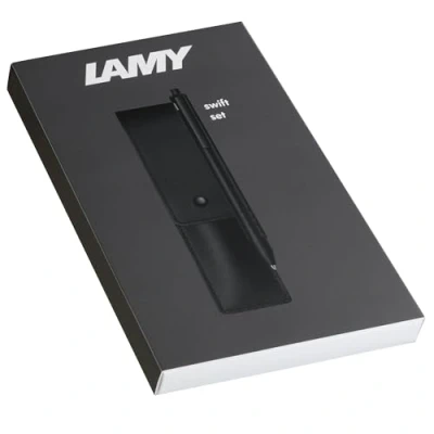Abbildung von Lamy swift Palladium Tintenroller Geschenk Set mit flüssigem Schreibgefühl Gehäuse aus Ganzmetall in Strichbreite B inkl. Tintenrollermine M 66 blau &amp; Echtleder Etui
