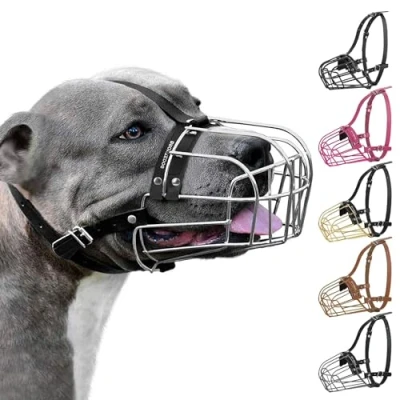 Abbildung von BRONZEDOG Maulkorb für Hunde, Metallmaske, Amstaff, Pitbull, verstellbare Lederriemen große Braun (Schwarz, one Size)