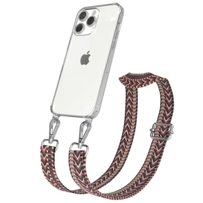 Abbildung von EAZY CASE Handykette mit verstellbarem Trageriemen für iPhone 15 Pro Max Taschengurt zum Wechseln transparenter Handyhülle Hülle dünner Schulterriemen in Beere Pink Silber