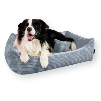 Abbildung von 4L Textil Molly Kuscheliges Hundebett Bezug abnehmbar und waschbar Hundekorb mittelgroße Hunde Cord Hundekissen flauschig Hundekörbchen Hundesofa(80x60 cm, Grau)