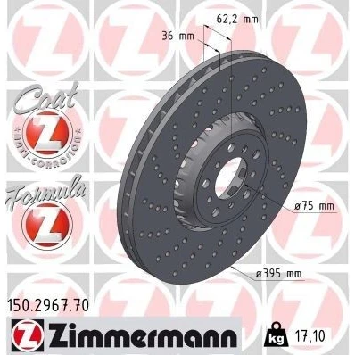 Abbildung von ZIMMERMANN Bremsscheibe BMW: X5, X6 395mm 36mm 10/5 5 loch 112mm Belüftet, gelocht, zweiteilige 150.2967.70 Bremsscheiben