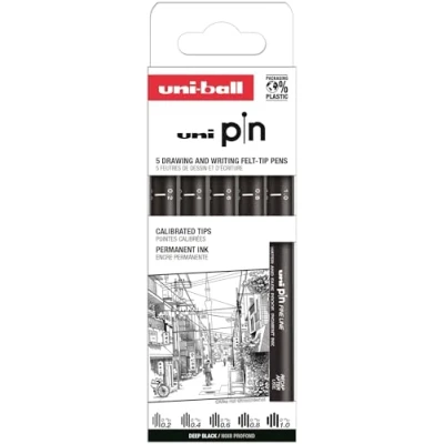 Abbildung von Uni Ball Etui mit 5 kalibrierten Markern, Spitze von 0,2 bis 1,0 mm, Schwarz, Set Classic II