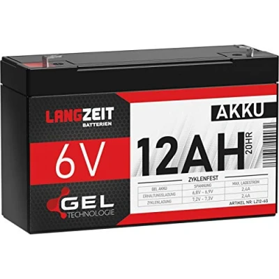 Abbildung von LANGZEIT 6V Akku 12Ah Gel Profi Blei für Kinderauto Elektroauto extrem zyklenfest vorgeladen auslaufsicher ersetzt 10Ah