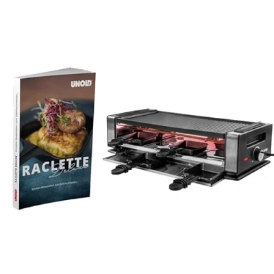 Abbildung von Unold Raclette Finesse Basic inklusive Buch, 8 Raclettepfännchen, 1200,00 W, Grillplatte wendbar ausziehbare Pfännchenablage