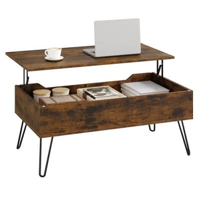 Abbildung von WOLTU Couchtisch Wohnzimmertisch höhenverstellbar ausziehbar, Kaffeetisch mit verstecktem Stauraum, für Wohnzimmer Büro, Metallbeine, 95x(40 55,5) x50 cm,Rustikales Braun Schwarz,BTS18vbn