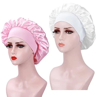Abbildung von Seidenhaube zum Schlafen, weiche Satinhaube, bunte Seidenhaarhaube, Seidenhaarhaube elastisches Band für lockiges Haar (Rosa + Weiß), 2 Stück