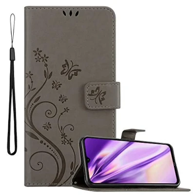 Abbildung von Cadorabo Hülle kompatibel mit Xiaomi RedMi Note 8 Blumen Design aus Kunst Leder Flip Klappbare Stoßfeste Magnetische [Standfunktion] [Kartenfächern] Cover für Tasche in Grau