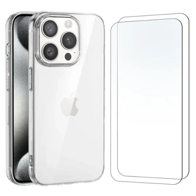 Abbildung von NEW&#039;C Hülle für iPhone 15 Pro (6,1&quot;) Ultra Transparent Silikon Weiches TPU Gel und 2 x Panzer Schutz Glas
