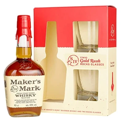 Abbildung von Maker&#039;s Mark + 2 Gläser handgemachter Kentucky Straight Bourbon Whisky weicher und vollmundiger Geschmack 45% Vol 700ml Einzelflasche
