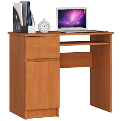 Abbildung von AKORD Piksel Schreibtisch Klein mit Schubladen Computertisch Bürotisch Tastaturablage Schublade und Fach Tür Holz Deko B90 x H77 T50 cm 30 kg Schrank Links Erle