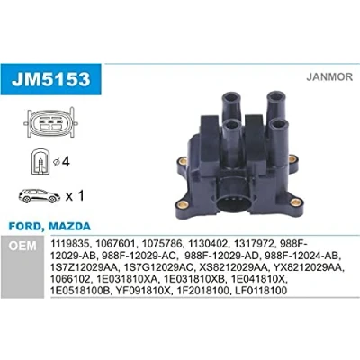 Abbildung von JANMOR JM5153 Zündspule FORD: FIESTA 5, Galaxy Mk1 MPV, Focus Kombi, MAZDA: 2 Hatchback, Tribute Station Wagon, 121 III Hatchback
