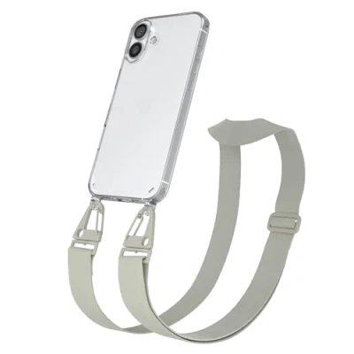 Abbildung von EAZY CASE Handykette mit breitem Band kompatibel iPhone 16 Plus dünne Handyhülle für Apple Hülle Silikon Fallschutz Kette zum Umhängen in Taupe Clips