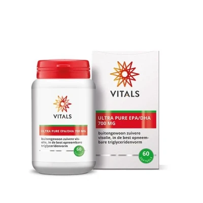 Abbildung von Vitals Ultra Pure EPA/DHA 700mg, 60 Softgel Kapseln. Mit 400mg EPA, 300mg DHA. Aus besonders reinem Fischöl, Triglyceridform.
