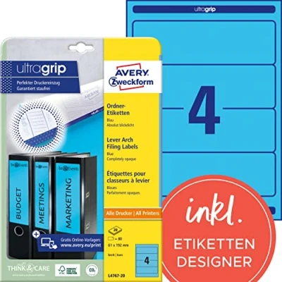 Abbildung von AVERY Zweckform L4767 20 Ordnerrücken Etiketten (80 Rückenschilder mit ultragrip, 61x192mm auf A4, breit/kurz, selbstklebend, absolut blickdicht, bedruckbare Ordneretiketten) Blatt, blau