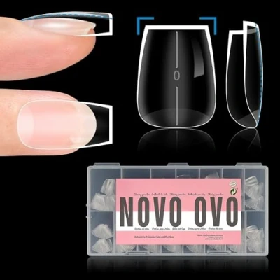 Abbildung von NOVO OVO Short Coffin Nail Tips, Ballerina, dicke, kurze, natürliche Nagelspitzen zum Aufdrücken, keine C Kurve, scharfes Quadrat, Soak Off Softgel, x 15 Größen, 510 Stück
