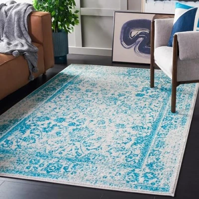 Abbildung von SAFAVIEH Distressed Teppich für Wohnzimmer, Esszimmer, Schlafzimmer Adirondack Collection, Kurzer Flor, Elfenbein und Blaugrün, 183 X 274 cm