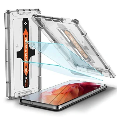 Abbildung von Spigen Glas.tR EZ Fit Schutzfolie kompatibel mit Samsung Galaxy S21, 2 Stück, Kratzfest, 9H Härte Folie